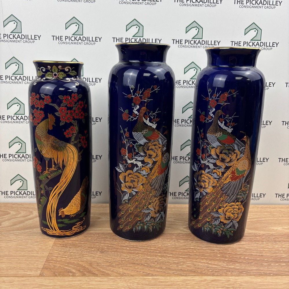 Vintage Kutani Imperial Japanese Cobalt Blue Gold Peacock Pheasant Vase Set 3pc